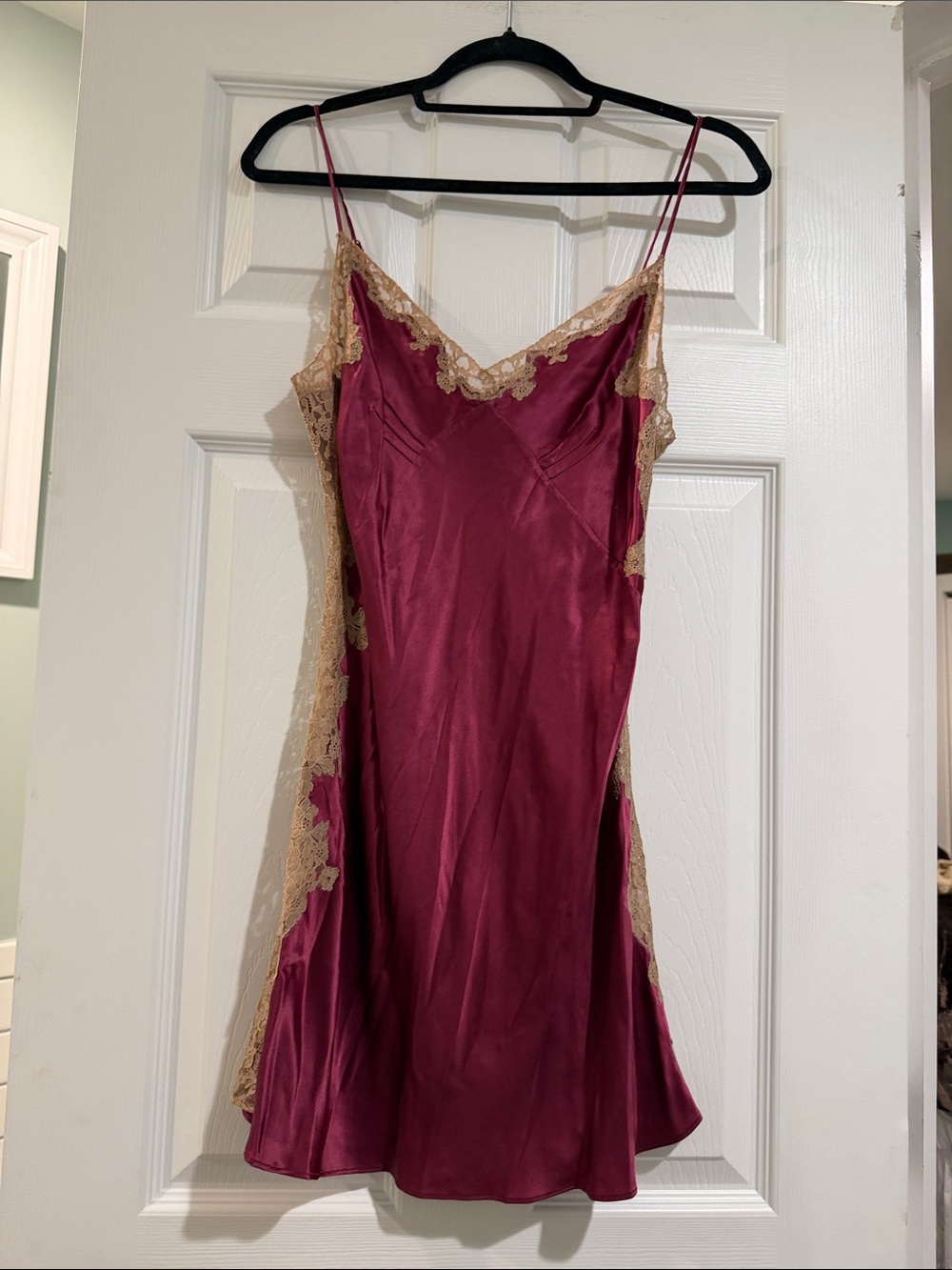 Leigh Bantivoglio -Cranberry Silk Chemise with Champagne Lace Trim - Picture 3 of 10